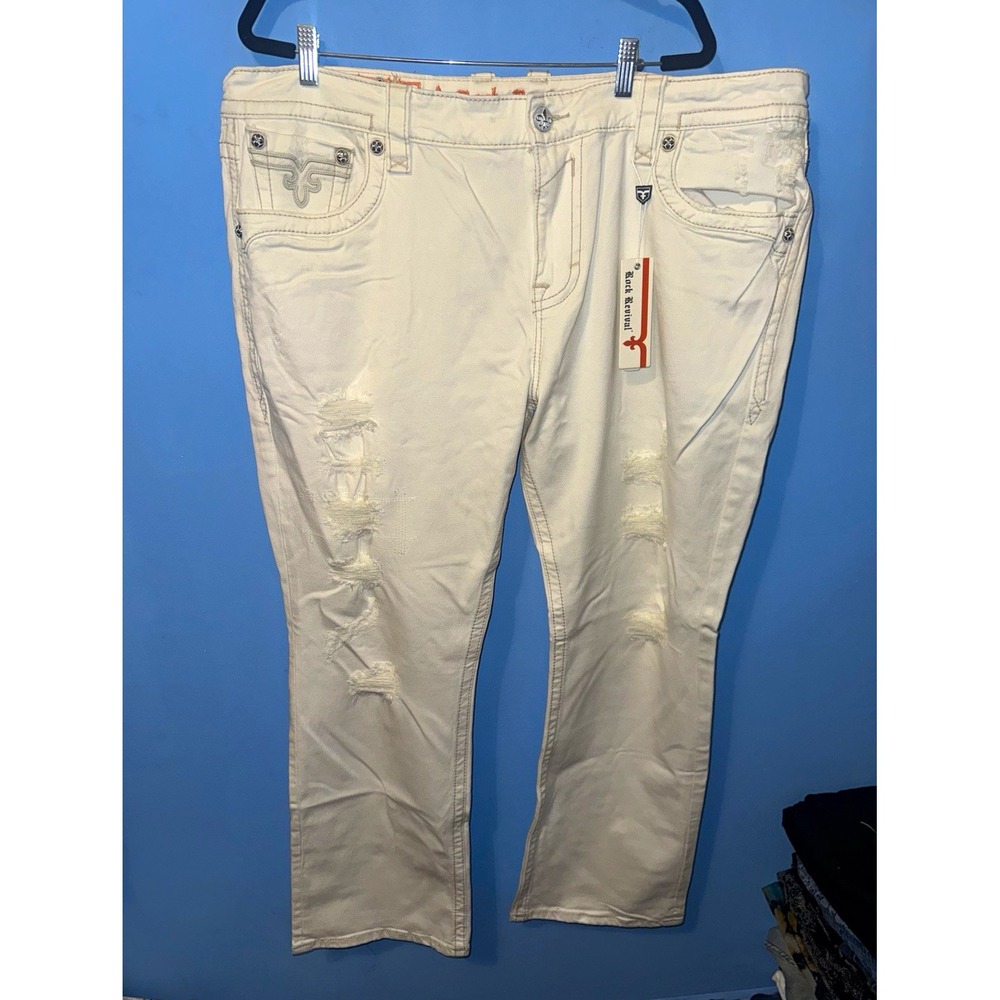 Rock Revival Alessandro Straight Jeans Distressed White Denim Size 44 Men NWT